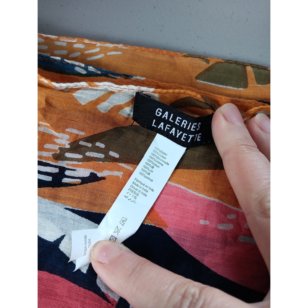 Galeries Lafayette Paris Sheer Scarf Navy Blue Leaf 100% Cotton Fringe Artsy - Picture 3 of 6